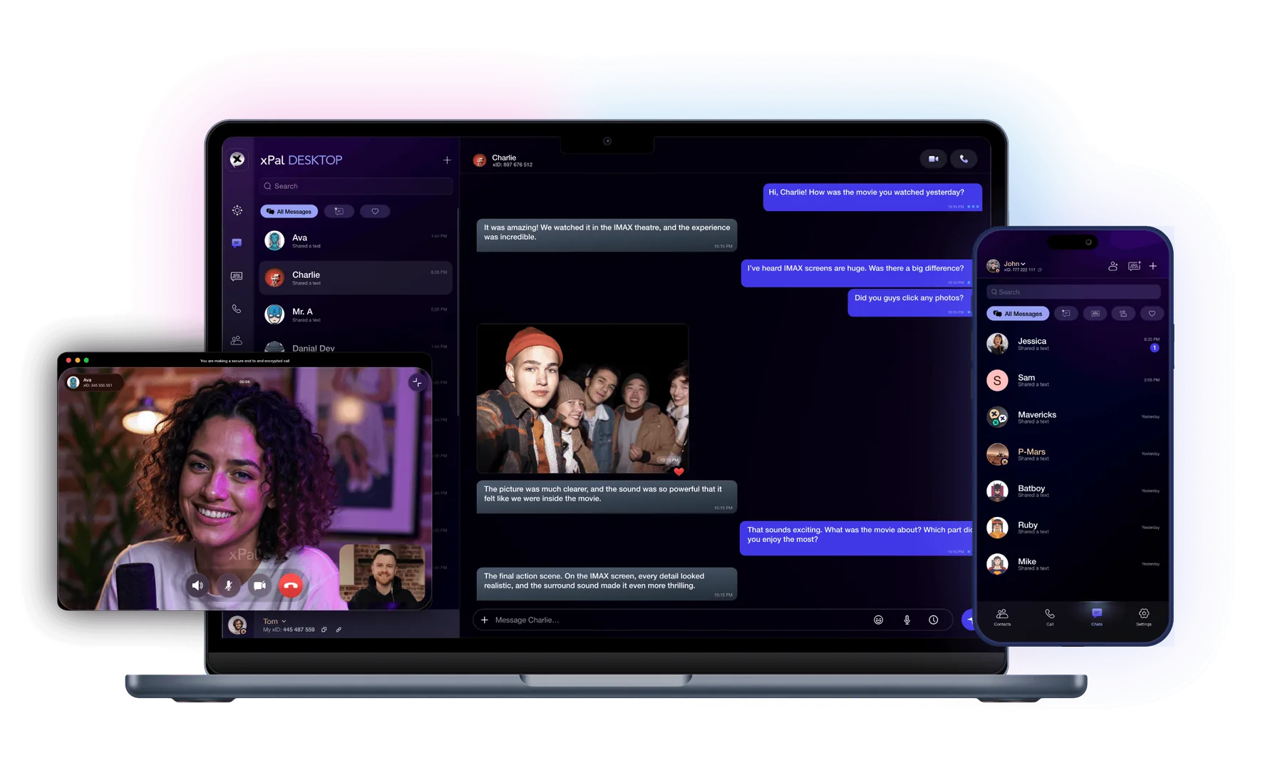 xPal Desktop on a laptop alongside xPal on iPhone during a video call