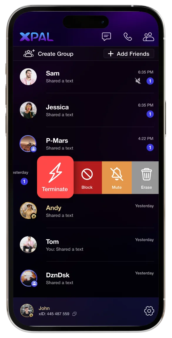 Swipe actions in xPal’s chat list: Terminate, Block, Mute and Erase